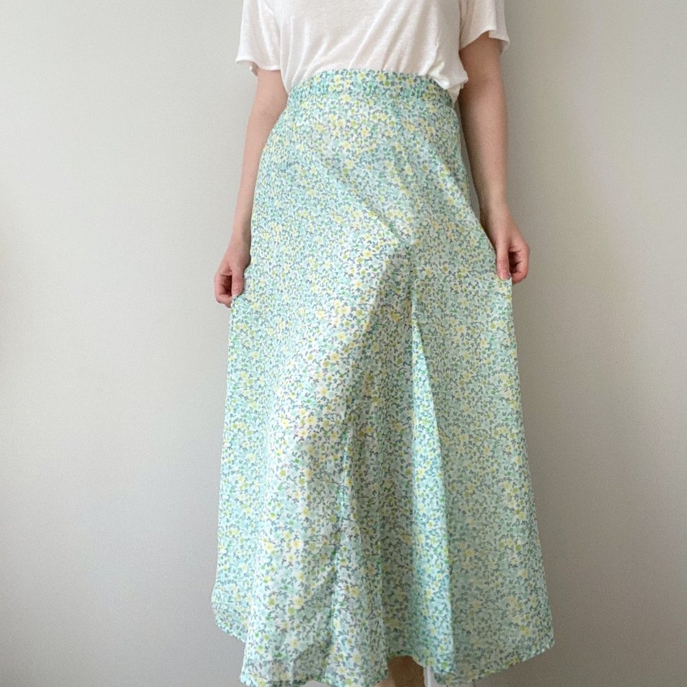 ON by Leboff Vintage Green White Yellow Floral Lined Long Maxi Skirt M